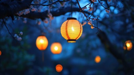 Glowing lanterns hanging on tree branches in evening