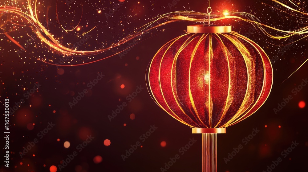 Poster abstract lantern outlines glowing in red and gold with dynamic swirling lines and sparkles.