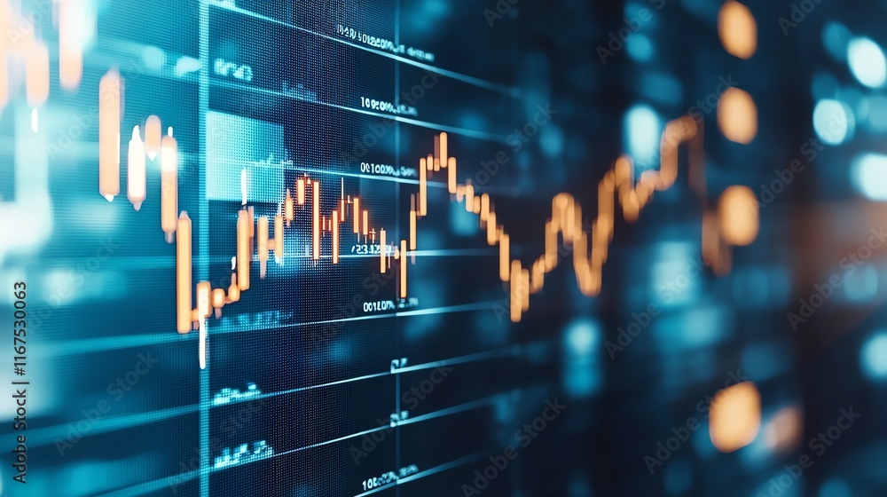 Poster digital display of stock market data with a glowing graph. the image captures the dynamic fluctuatio