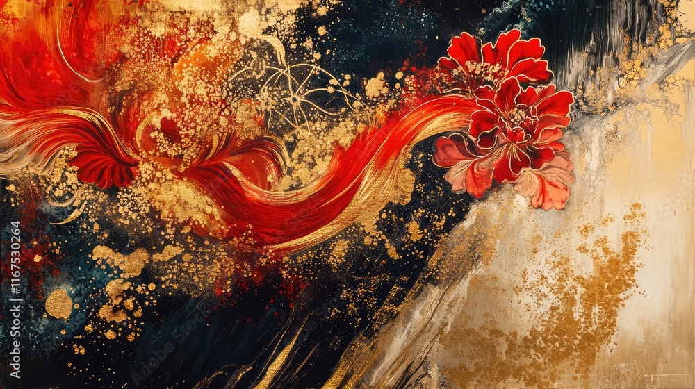 Poster abstract layered art with chinese festive elements in red and gold, creating a sense of movement and