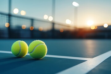 Two tennis balls rest on a court at sunset. The vibrant colors of the sky complement the green surface, creating a serene atmosphere perfect for a casual game or practice.