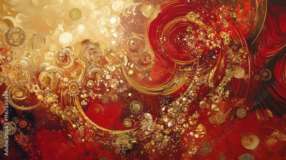 Poster abstract layered art with chinese festive elements in red and gold, creating a sense of movement and