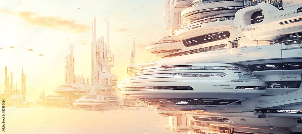 Poster a futuristic cityscape with innovative architecture and open space for text