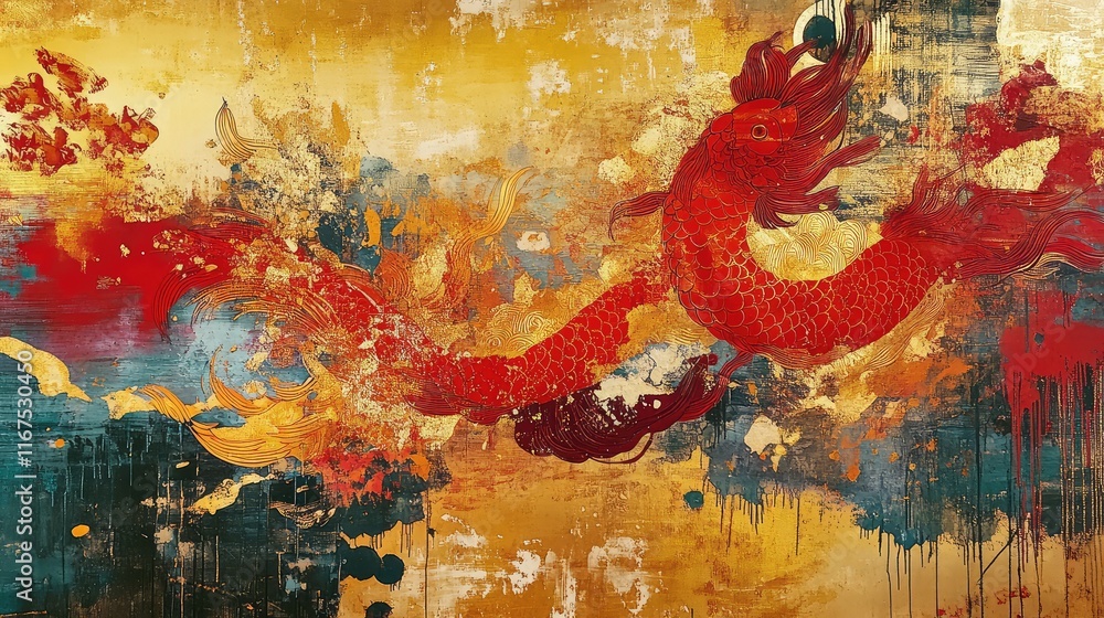 Poster abstract layered art with chinese festive elements in red and gold, creating a sense of movement and