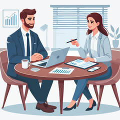 Partners meeting for business discussion with documents and laptop on desk. Couple at round table, speaking, discussing work, partnership. Flat vector illustration isolated on white background