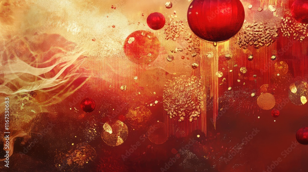 Poster abstract layered art with chinese festive elements in red and gold, creating a sense of movement and
