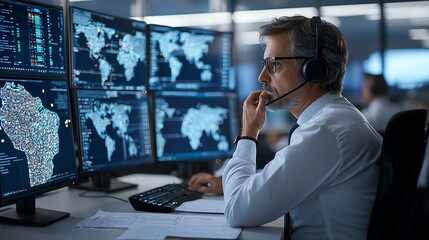 Male analyst in a control room, wearing a headset, monitors multiple global maps on screens, focusing intently on the information displayed, highlighting technological surveillance