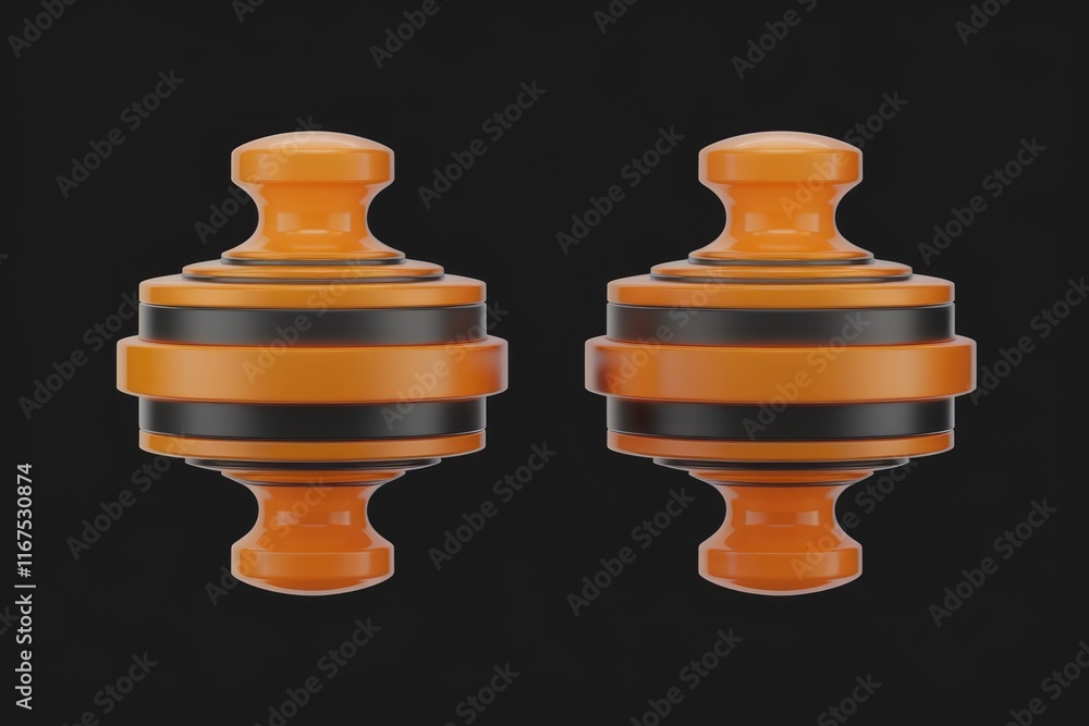 Poster two orange and black abstract 3d objects, possibly representing stylized tops or stamps.