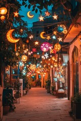 Illuminated alleyway, hanging lights, stars, moons.