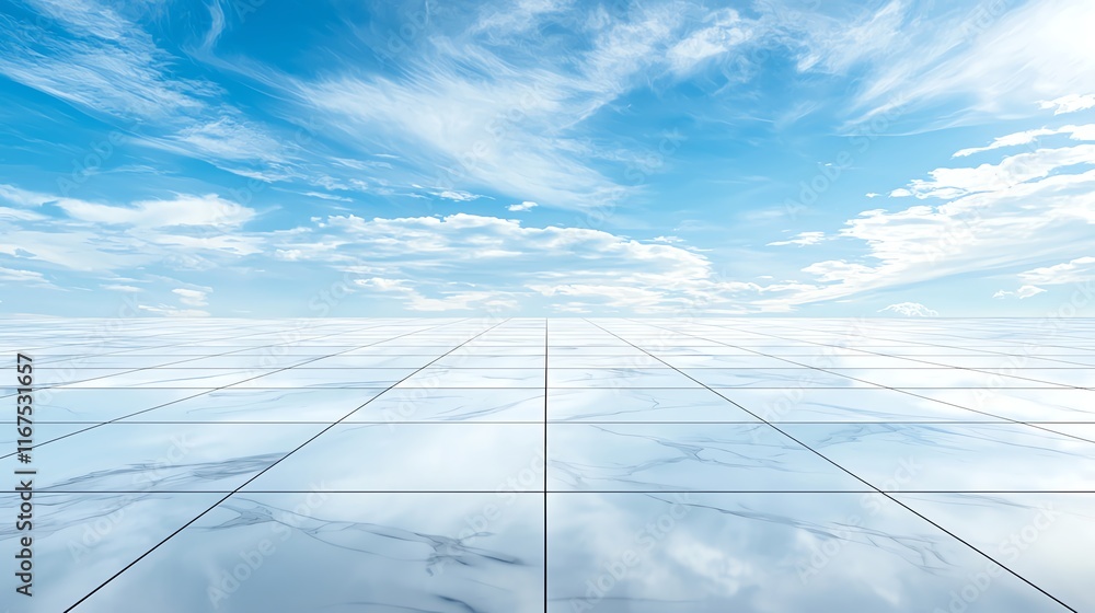 Wall mural A stunning view of a vast marble tiled surface reflecting the bright blue sky and fluffy clouds, creating a surreal and serene environment