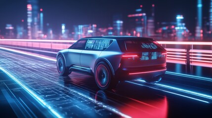 A futuristic vehicle glides down a neon-lit highway, surrounded by a vibrant cityscape, showcasing advanced technology and sleek design.