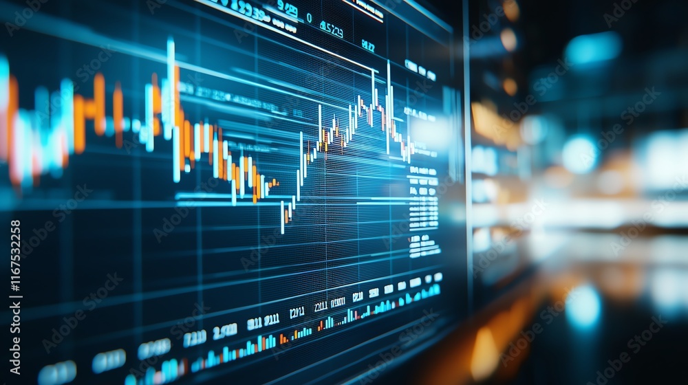 Poster a close-up of a digital stock market chart display showcasing financial data with glowing lines and 