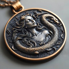 A woman is depicted on a gold