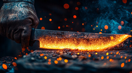 Close-up of a worker's hand forging a sharp knife blade amid glowing sparks symbolizing craftsmanship hard work and the transformation of raw materials into tools of precision and resilience

