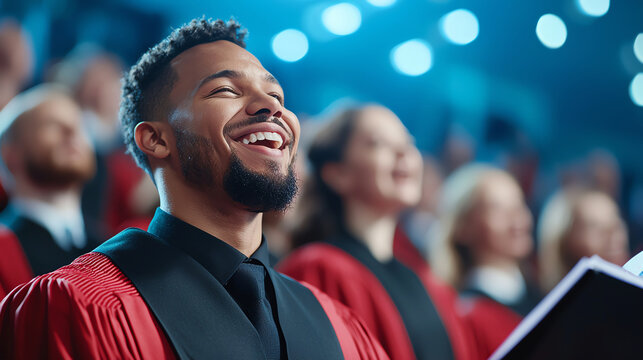 A joyful man singing passionately in a choir, surrounded by fellow choir members wearing red robes, under bright stage lights.