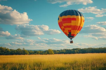Naklejka premium Colorful hot air balloon gracefully floats above a golden field under a serene blue sky