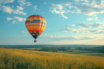 Obraz premium Vibrant hot air balloon floats gracefully above a flower-filled meadow at sunset