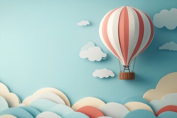 Obraz premium A whimsical hot air balloon gliding above pastel-colored clouds in a dreamy sky