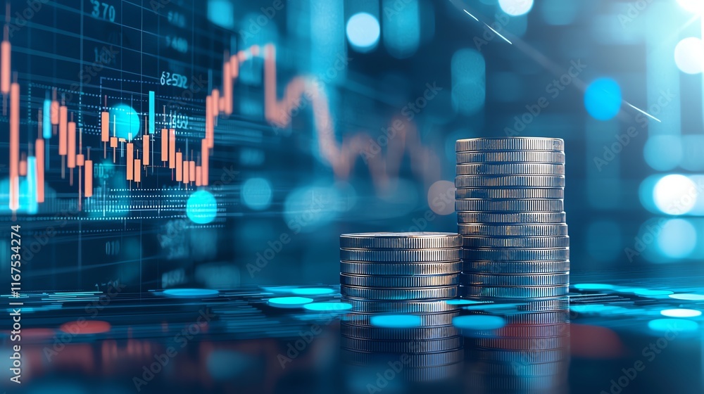 Poster stacks of coins with digital graphs in the background encapsulating the concept of financial growth 