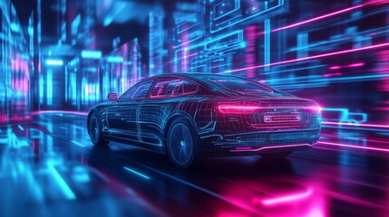 Fototapeta premium A futuristic car drives through a neon-lit cityscape, showcasing a blend of advanced technology and vibrant colors.