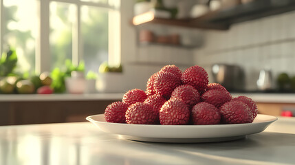 Fresh lychee fruits arranged on a white plate with some peeled and whole lychees in the background on a bright kitchen counter. Ashenwood. Illustration