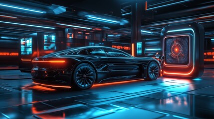 Fototapeta premium A sleek black sports car illuminated by vibrant neon lights in a futuristic, high-tech environment.