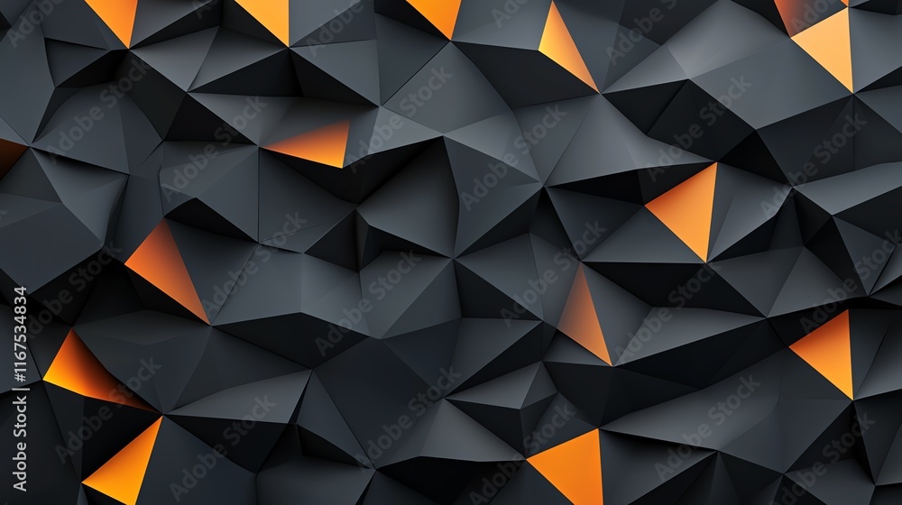 Poster abstract geometric background featuring a dynamic pattern of dark triangular shapes with vibrant ora