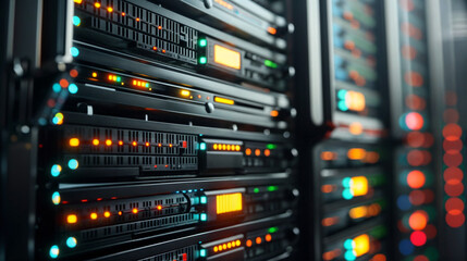 Naklejka premium Close-up of server racks with blinking lights and illuminated displays. The array of hardware suggests data processing, networking, and information technology infrastructure.