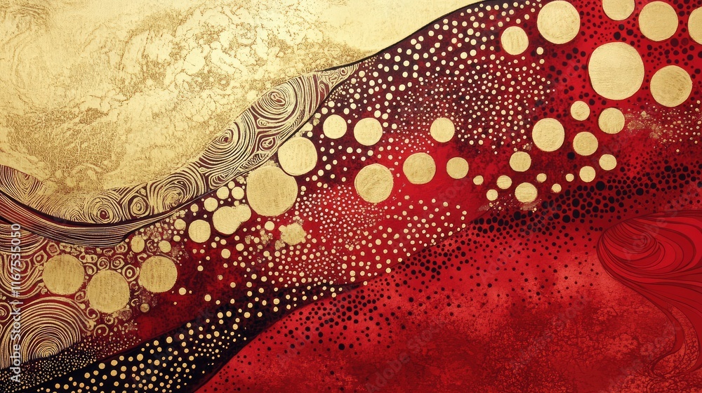 Poster abstract new year art with intricate hand-drawn patterns in red and gold, symbolizing joy and prospe