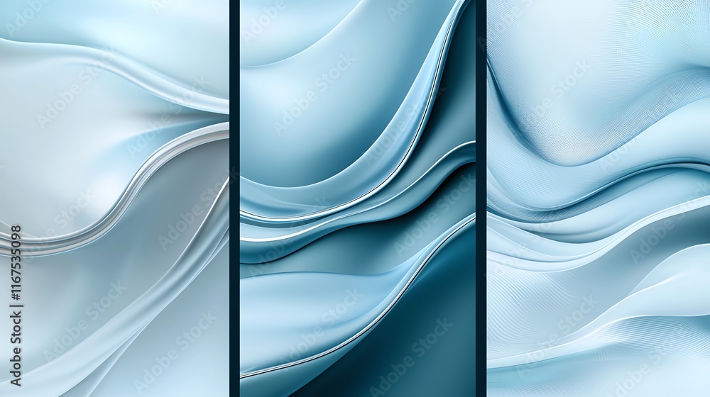 Aufkleber abstract light blue wave patterns flow across a triptych design, creating a serene and modern backdr