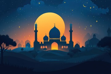 A serene sunset illuminates the majestic silhouette of a mosque against a starry sky