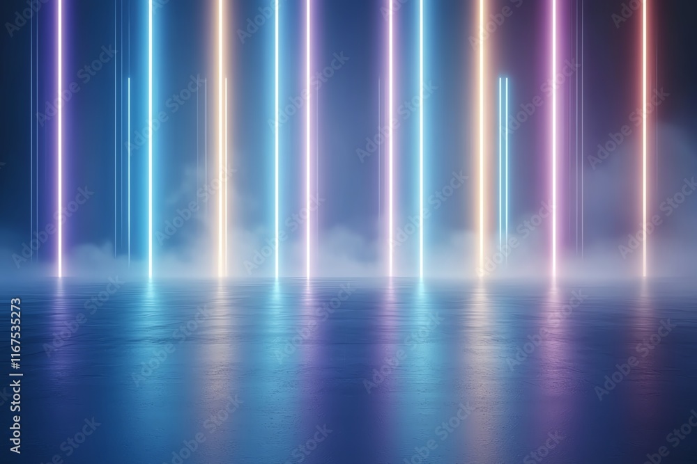 Poster A mesmerizing display of colorful neon lights reflecting on a smooth surface, creating a futuristic and vibrant atmosphere perfect for creative projects.