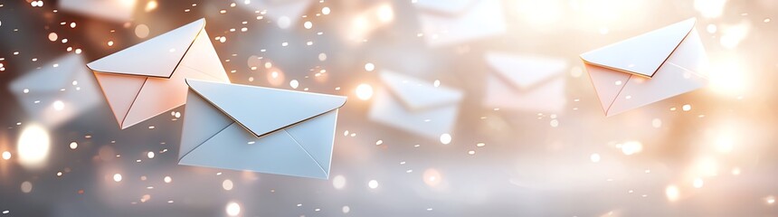 Floating envelopes create a magical communication concept. Letters glide through a dreamy atmosphere, symbolizing digital messaging and connectivity in the modern world.