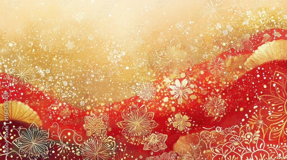 Poster abstract new year art with intricate hand-drawn patterns in red and gold, symbolizing joy and prospe
