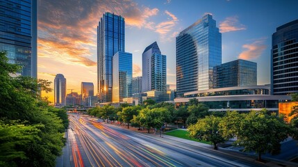 Fototapeta premium City skyline, sunset, traffic streaks, green trees.