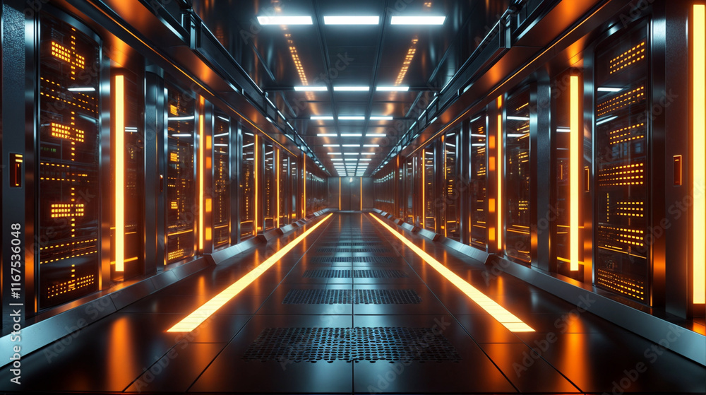Poster long corridor of server racks with glowing orange lights extends into the distance. the symmetrical,
