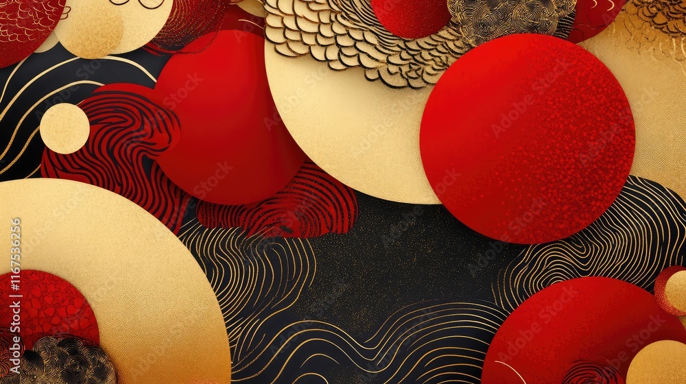 Poster abstract new year celebration design with bold, overlapping patterns in red and gold, symbolizing fo