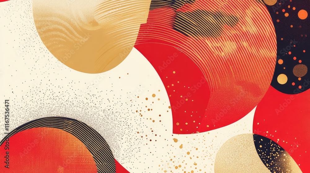 Poster abstract new year celebration design with bold, overlapping patterns in red and gold, symbolizing fo