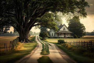 Obraz premium Tranquil Country Roadside Home at Dawn
