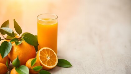 Whole oranges and peeled sections surround a glass of juice, their textures highlighted in soft, diffused light.