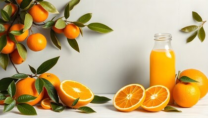 A splash of orange juice caught mid-air, surrounded by scattered citrus fruits and leaves. 
