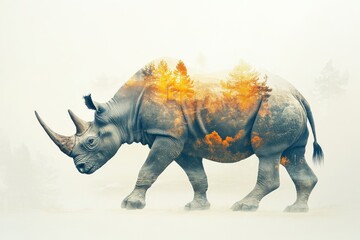 Obraz premium A majestic rhinoceros walks through a surreal landscape of trees at dawn, embracing nature's harmony