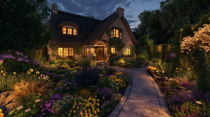 Charming Cottage with Serene Garden at Golden Hour
