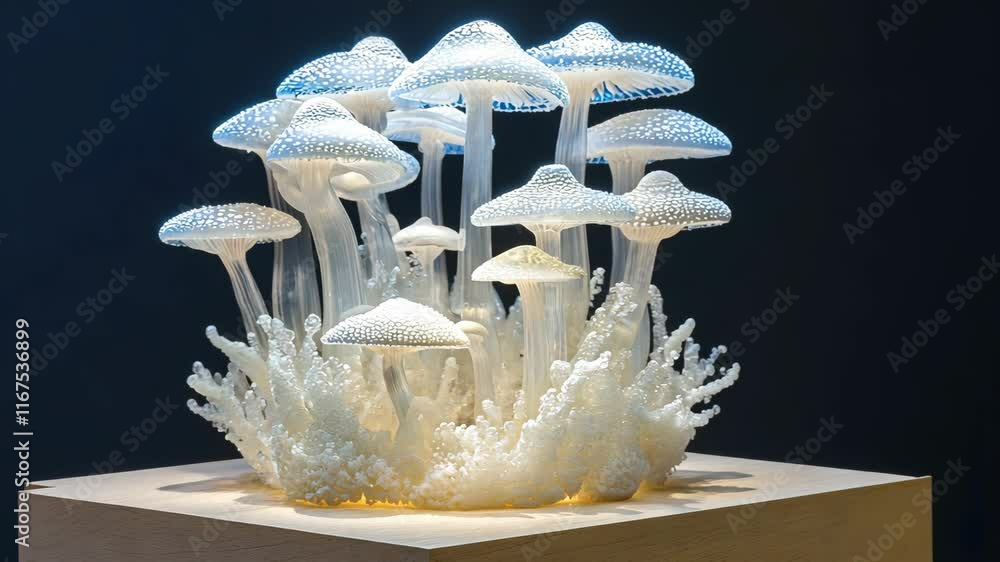 Poster unique transparent mushroom sculpture illuminated by soft light in a dark setting