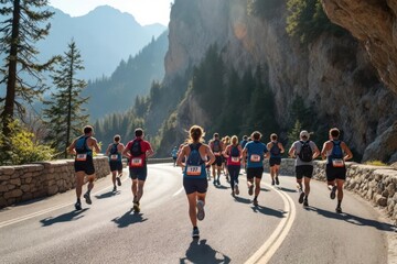 Runners in marathon bibs running along craggy, sunny lakeside