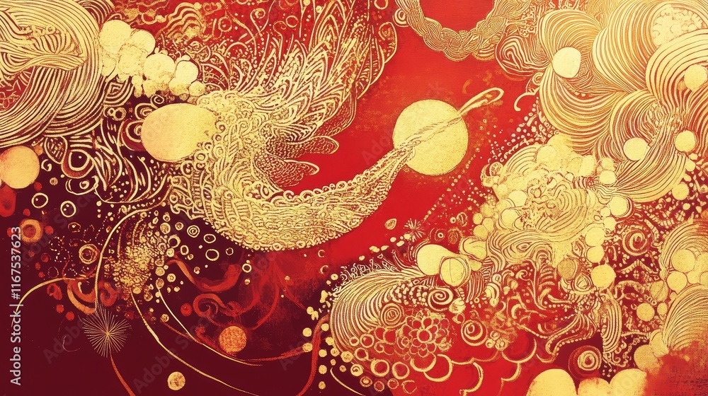 Aufkleber abstract new year art with intricate hand-drawn patterns in red and gold, symbolizing joy and prospe