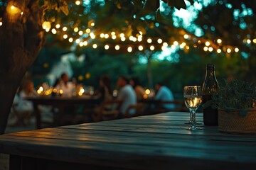 Festive outdoor wedding with string lights, rustic decor, evening setting