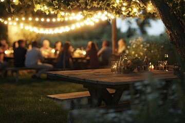 Festive outdoor wedding with string lights, rustic decor, evening setting