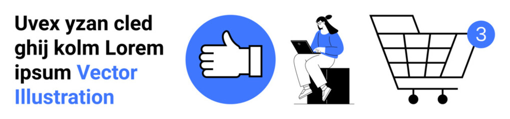 Thumbs up icon, woman using laptop, shopping cart with notification. Ideal for online shopping, digital marketing, e-commerce websites, customer satisfaction, user engagement, product reviews