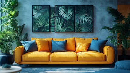 Modern Living Room Decor With Yellow Sofa and Tropical Artwork